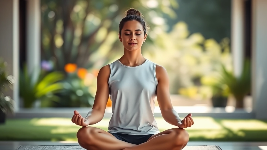 Individual meditating in serene environment, peaceful posture, soft natural lighting filtering through, background blurred garden or nature, complete tranquility and mental clarity evident