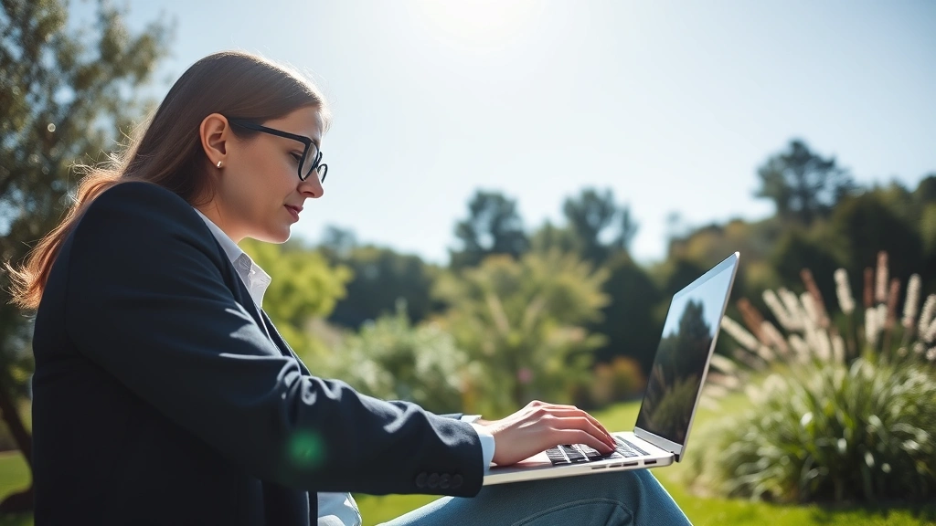 Professional working outdoors on laptop under clear blue sky, sunlight creating natural workspace, focused expression, peaceful garden or park setting, natural lighting