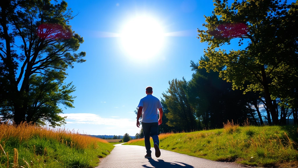 Person walking through outdoor path with expansive blue sky visible overhead, bright natural daylight, peaceful expression, trees and open landscape, morning or afternoon golden hour