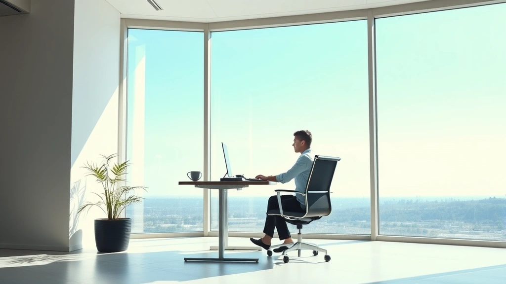 Desk workspace positioned by large window showing clear blue sky view, person at desk appearing focused and calm, natural light streaming through window, minimalist professional environment