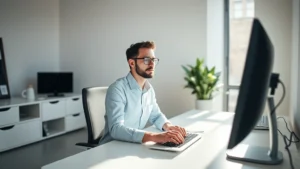 Professional in modern minimalist workspace with optimal lighting, sitting at clean desk with focused expression, hands on keyboard, morning natural light streaming through window, calm concentrated atmosphere
