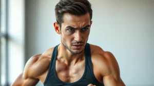 Athletic person in mid-workout, intense focus expression, sweat visible, natural gym lighting, dynamic movement captured mid-action, professional athletic wear, determined expression, clean minimalist background