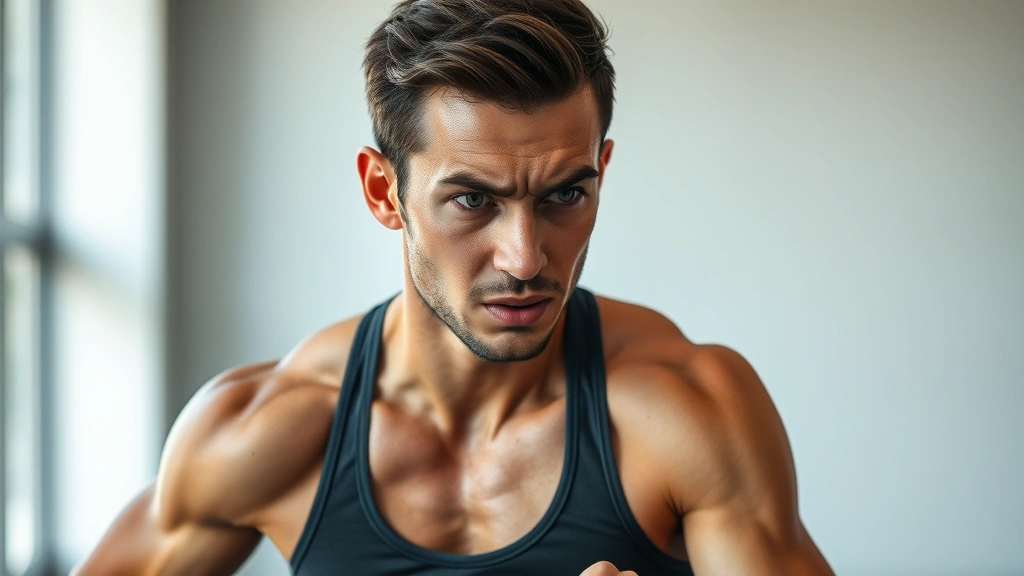 Athletic person in mid-workout, intense focus expression, sweat visible, natural gym lighting, dynamic movement captured mid-action, professional athletic wear, determined expression, clean minimalist background