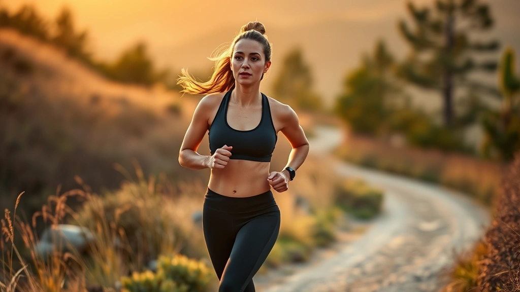 Female runner on scenic outdoor trail at sunrise, athletic build, concentrated expression, morning light, natural landscape, peaceful focused state, professional athletic attire, motion captured mid-stride
