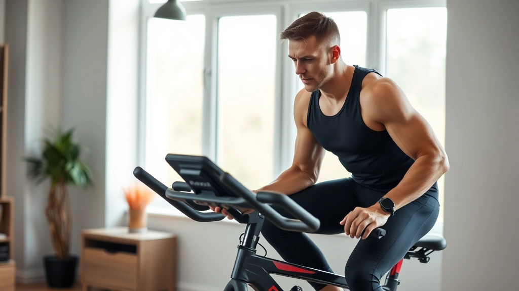 Male cyclist on indoor stationary bike, intense concentration, modern home gym setting, professional athletic wear, focused eyes, natural window lighting, professional photography quality, no visible screens or text