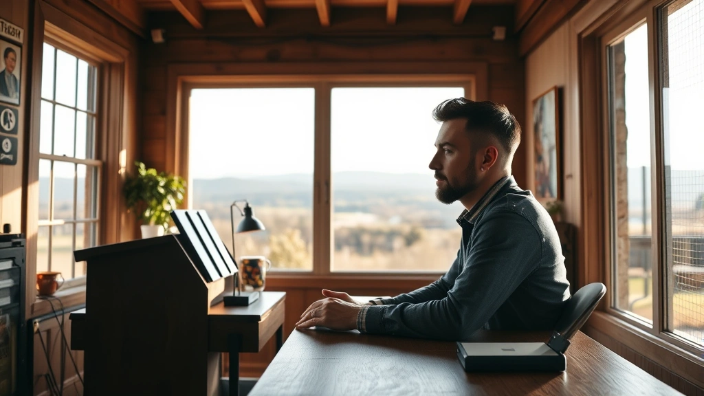 A musician sitting at a wooden desk in a sunlit room with large windows overlooking natural landscape, hands resting thoughtfully, focused expression, creative workspace with minimal distractions, warm natural lighting, serene atmosphere