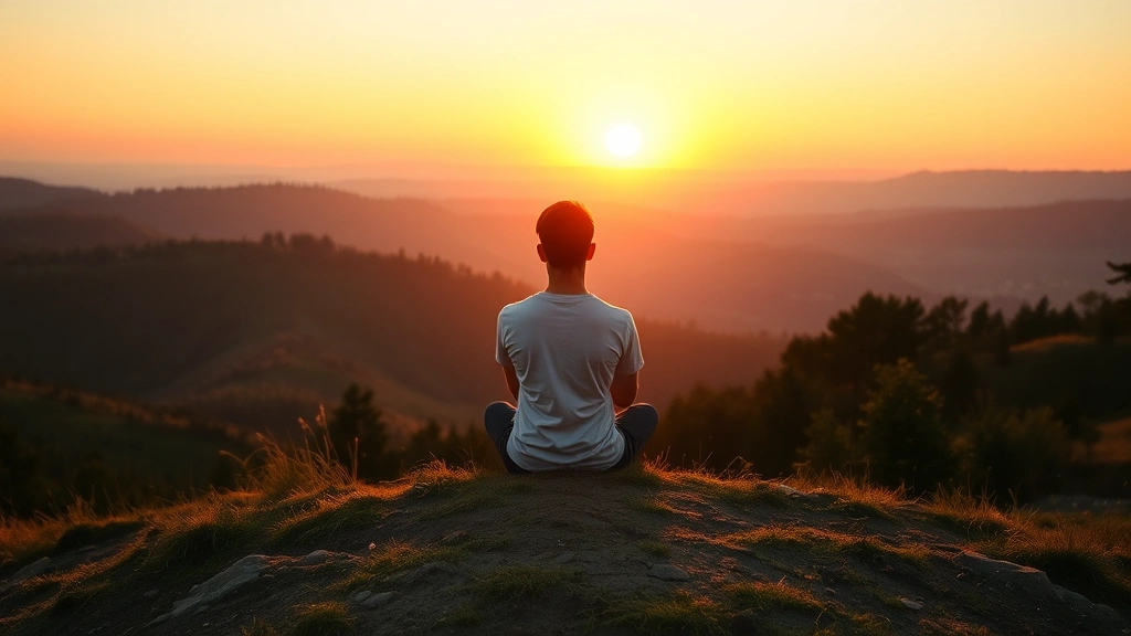 A person in contemplative pose sitting alone on a hillside at sunset, surrounded by rolling hills and trees, peaceful natural environment, solitary reflection moment, golden hour lighting, embodying introspection and mental clarity