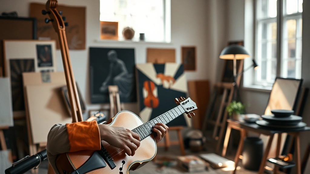 An artist's hands working on a canvas or musical instrument in a minimalist studio space, natural light streaming through windows, concentrated creative focus, organized creative environment, warm and inviting workspace, artistic dedication