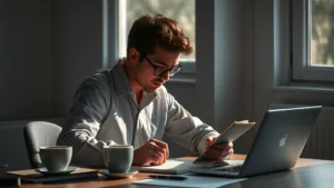 Person in deep concentration at desk with notebook and coffee, morning light streaming through window, peaceful focused expression, professional workspace minimalist design