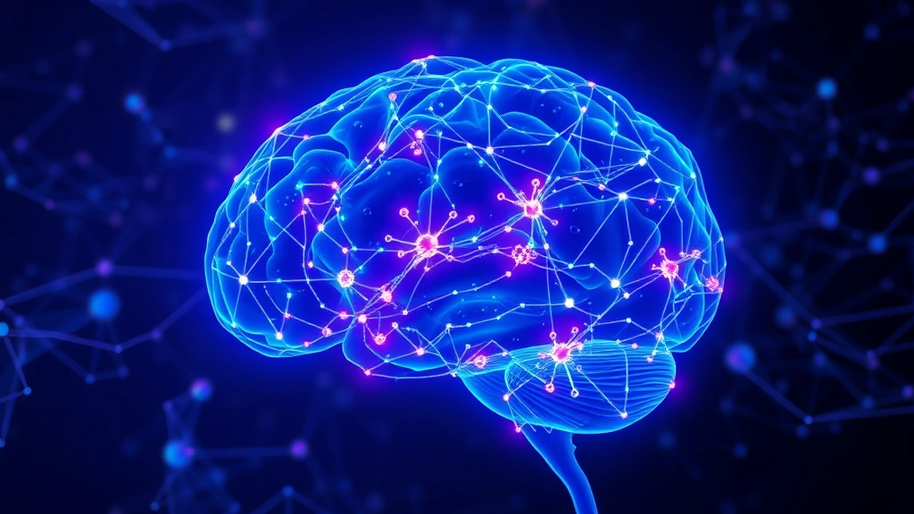 Active brain visualization showing neural networks lighting up, glowing neural pathways connecting across brain regions, deep blues and purples, scientific illustration style