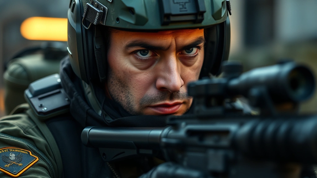 Tactical operator in focused state during high-intensity mission, intense concentration expression, professional military setting, realistic lighting, no text or labels visible