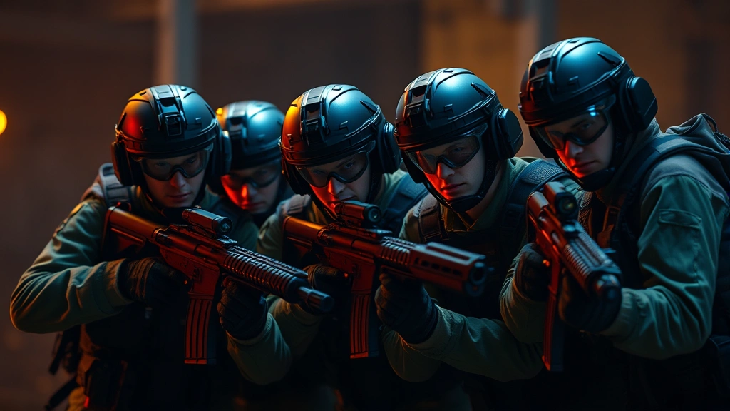 Team of operators maintaining synchronized focus during coordinated operation, demonstrating collective attention and tactical awareness, realistic tactical environment, dramatic professional lighting