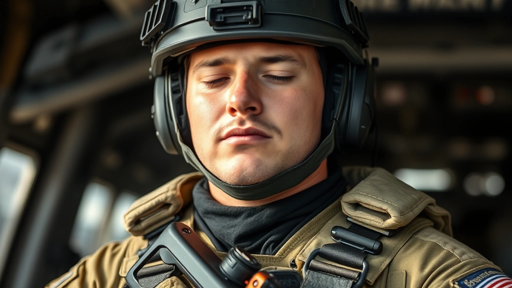 Operator performing tactical breathing exercise before mission deployment, calm composed expression, professional tactical gear, peaceful pre-operation mindset, natural lighting