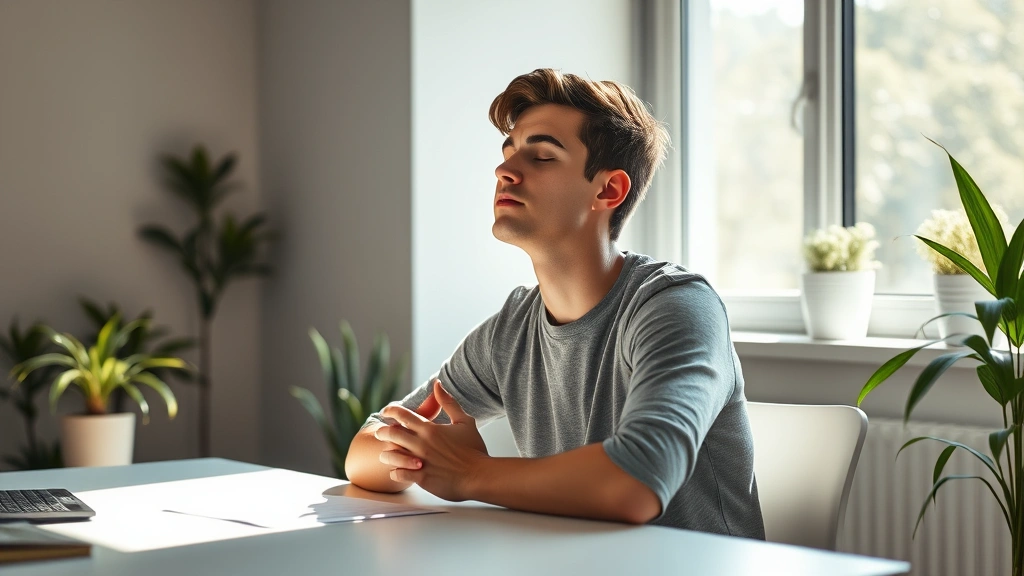 Person sitting at minimalist desk with natural sunlight streaming through window, hands folded peacefully, closed eyes in moment of deep concentration, plants visible in background, calm and focused expression, no screens or text visible