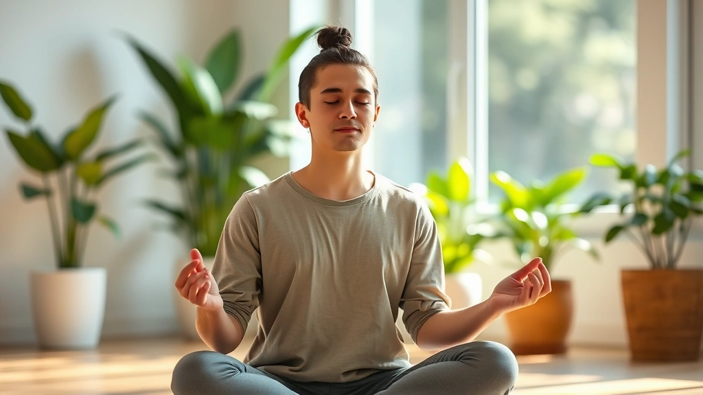 Individual meditating cross-legged in serene room with soft natural lighting, peaceful facial expression, hands in meditation mudra position, blurred green plants in soft focus background, representing mental clarity and focus training