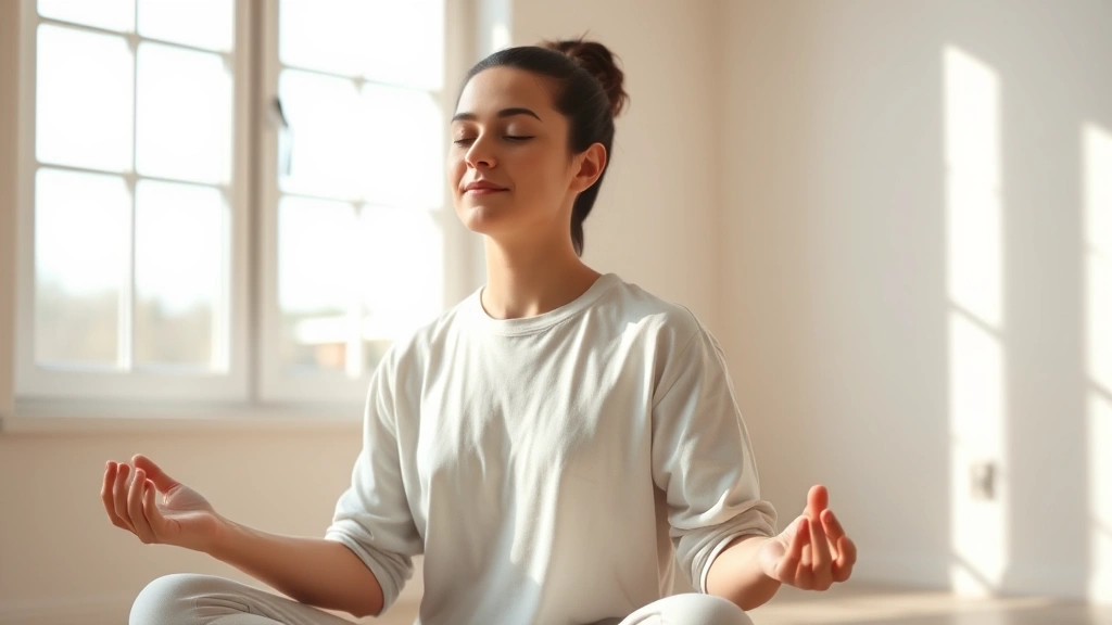Person meditating peacefully in sunlit room, serene facial expression, hands resting on knees, comfortable seated position, natural light streaming through windows, minimalist background, photorealistic, calm atmosphere