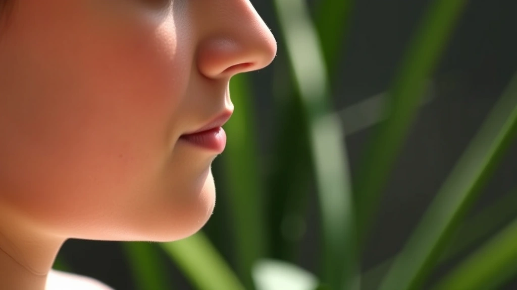 Close-up of person's profile during meditation, eyes gently closed, peaceful expression, soft natural lighting, blurred green plants in background, photorealistic, tranquil moment
