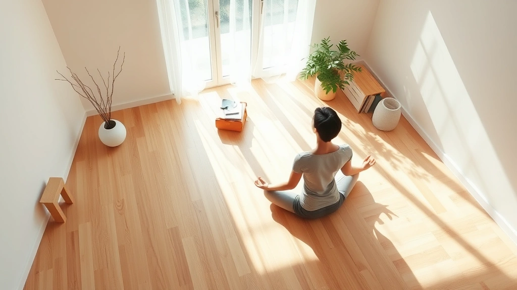Aerial view of person meditating on wooden floor in bright room, cross-legged position, surrounded by natural light, minimal furnishings, peaceful environment, photorealistic, zen-like setting