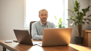 Professional workspace with natural light, person sitting at desk with closed laptop, hands folded, peaceful expression, minimalist environment, morning sunlight streaming through window, wooden desk, plant in background, completely focused demeanor, photorealistic, no screens or text visible