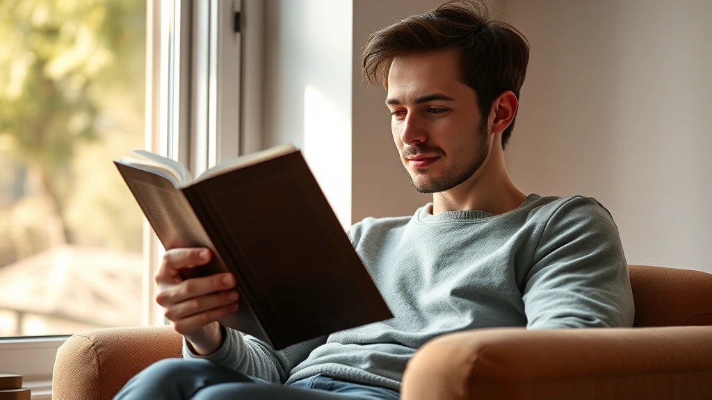Person reading a physical book in comfortable chair by window, natural daylight, focused engaged expression, cozy reading environment, warm lighting, comfortable home setting, concentration evident, photorealistic, no visible text on book cover, peaceful indoor scene
