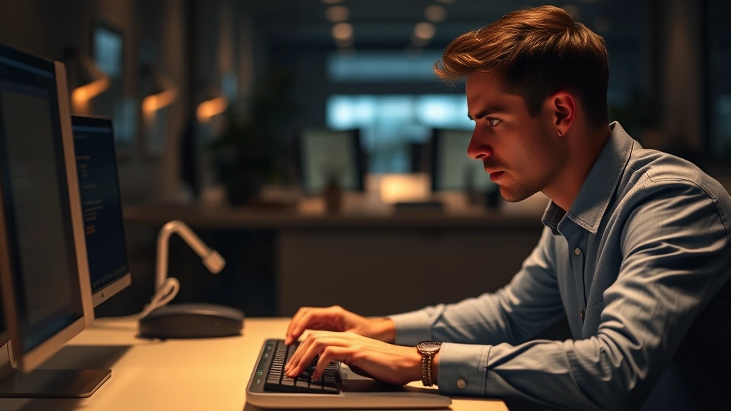 Person in deep focus at minimalist desk with warm lighting, hands on keyboard, completely absorbed in work, blurred background, professional concentration, no screens visible
