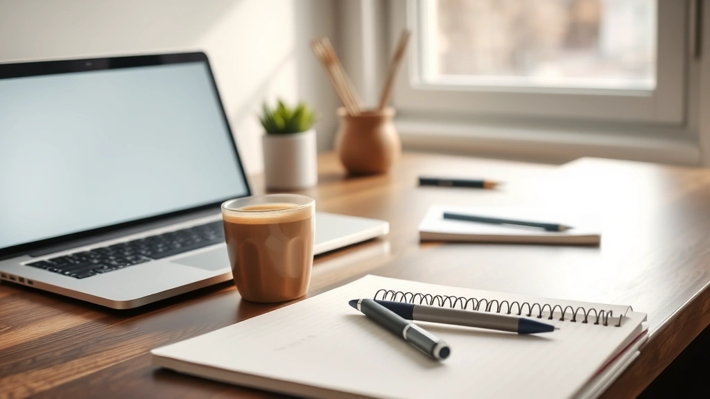 Morning routine setup showing coffee cup, empty desk space, closed laptop, notebook with pen, calm organized environment, natural window light, peaceful workspace ready for deep work