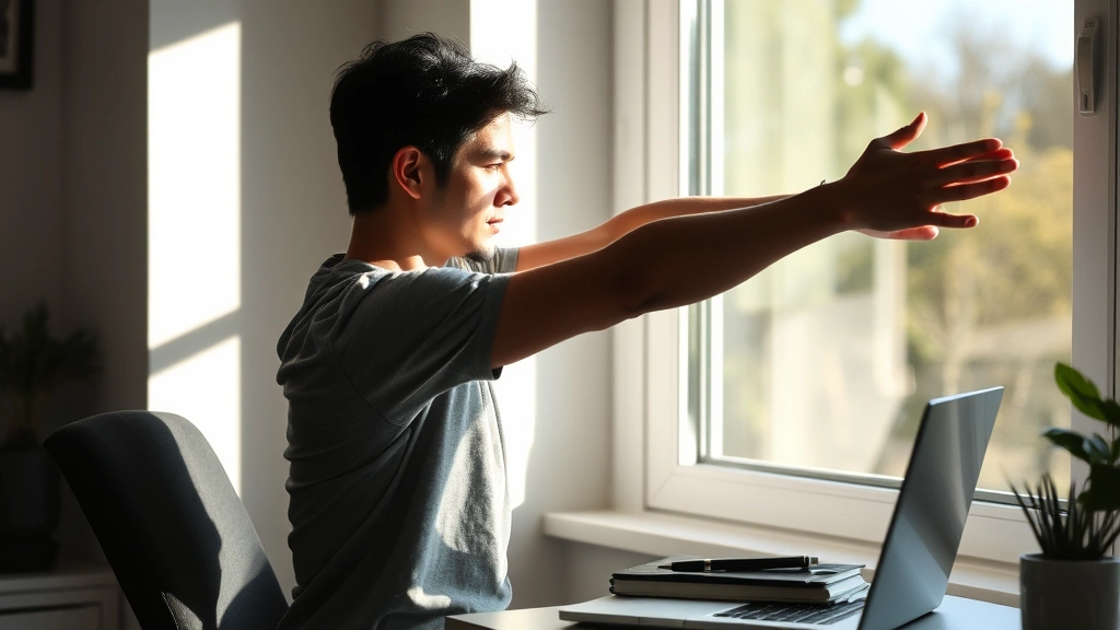 Person taking a break from focused work, stretching by window with sunlight, relaxed posture, outdoor view visible, restorative moment between concentration sessions, natural lighting