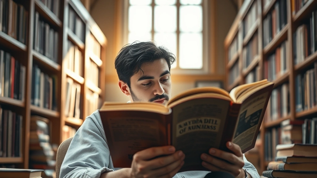 Person deeply absorbed in reading a thick novel in a sunlit library, completely focused and immersed, natural lighting, peaceful concentration evident on their face, surrounded by books
