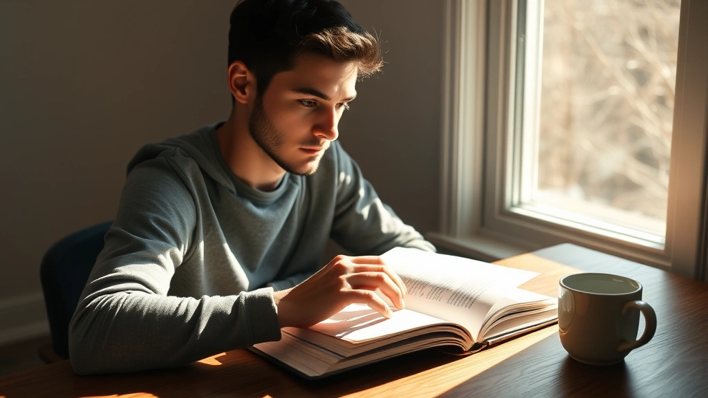 A person sitting at a wooden desk in morning sunlight, eyes focused on an open book, coffee cup nearby, natural window light streaming across the page, minimalist background, contemplative expression showing concentration