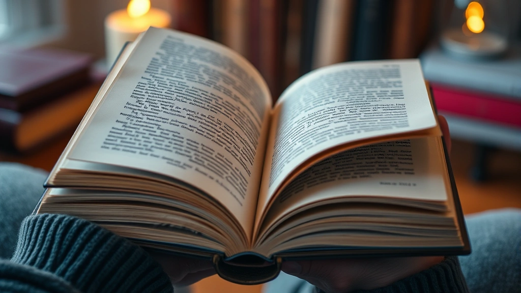 Close-up of hands holding an open hardcover book with visible pages, warm lighting highlighting the texture of pages and book cover, cozy reading environment with soft focus background, depth of field emphasizing the book