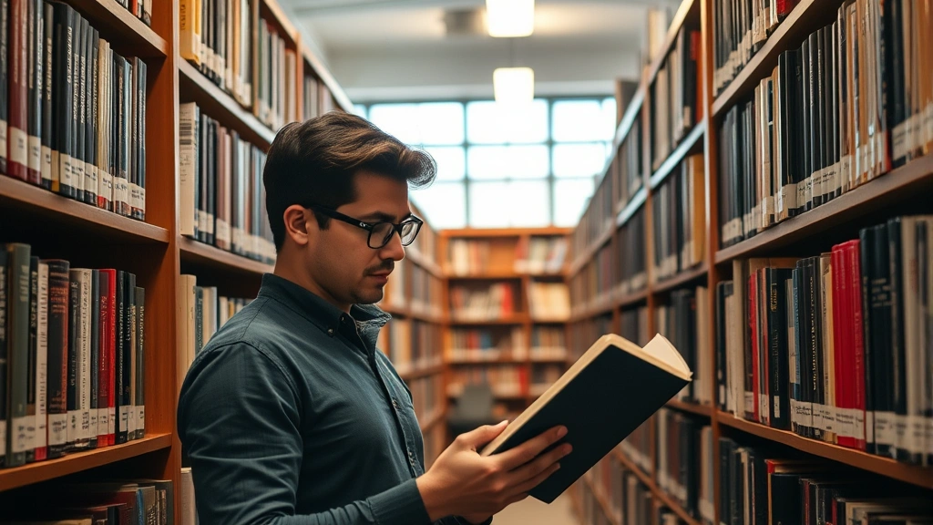 Person in a library surrounded by discipline and self-help books on shelves, actively reading or taking notes, warm interior lighting, focused expression, books visible on spine with readable titles, scholarly atmosphere