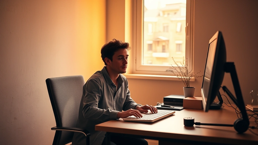 Person sitting at minimalist desk with warm lighting, deeply focused on work, hands on keyboard, peaceful expression, natural window light, clean workspace, no visible screens or text