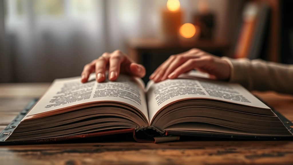 Open book pages with soft-focus background, hands gently holding book spine, cozy reading environment, warm ambient lighting, wooden table surface, serene atmosphere
