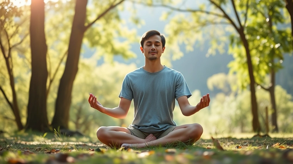 Individual meditating in nature setting, sitting peacefully among trees and natural landscape, sunlight filtering through leaves, calm centered posture, embodied focus, outdoor tranquility
