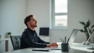 Person in bright, minimalist workspace with natural light, deeply focused on work, clean desk with single item, serene concentration expression, modern office setting