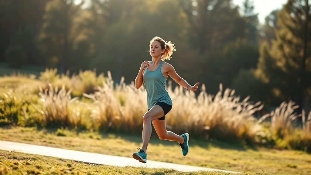 Active individual exercising outdoors in morning sunlight, energetic movement like running or stretching, fresh environment, vital and alert body language, nature background