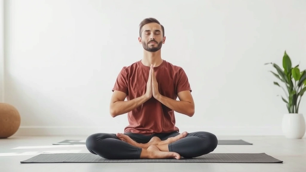 Individual meditating in calm, organized space with soft natural lighting, peaceful posture, clear mind expression, minimal background elements, mindfulness practice setting