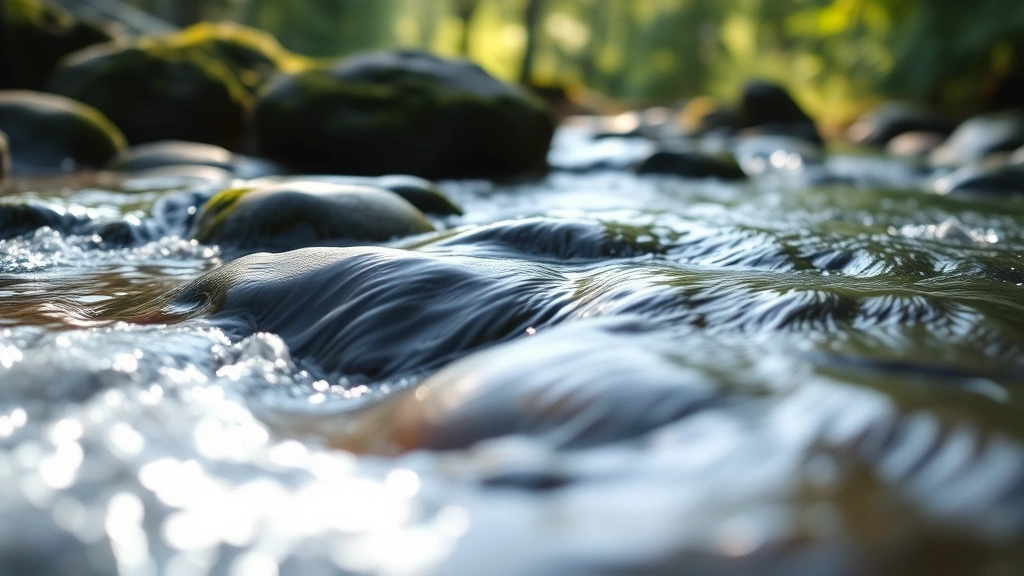 Close-up of flowing stream water over smooth rocks with moss, sunlight creating ripples, peaceful forest background slightly blurred, photorealistic nature detail