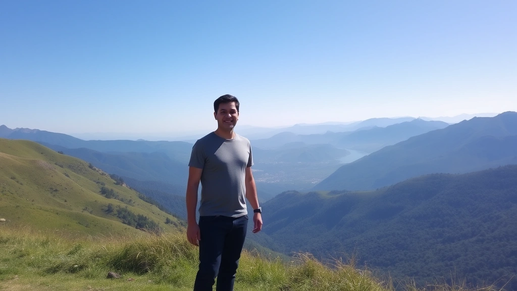 Individual standing on a grassy hillside overlooking a valley with distant mountains, arms relaxed at sides, clear blue sky, natural outdoor lighting, serene expression