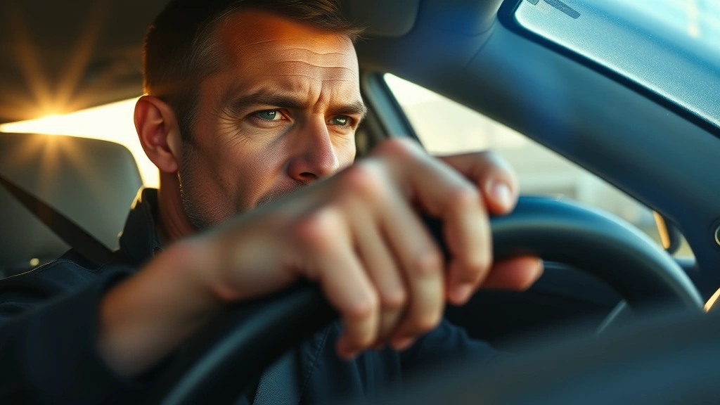 Close-up of a professional driver's hands gripping a steering wheel with intense concentration, sunlight streaming through windshield, photorealistic detail on facial expression showing deep focus and engagement