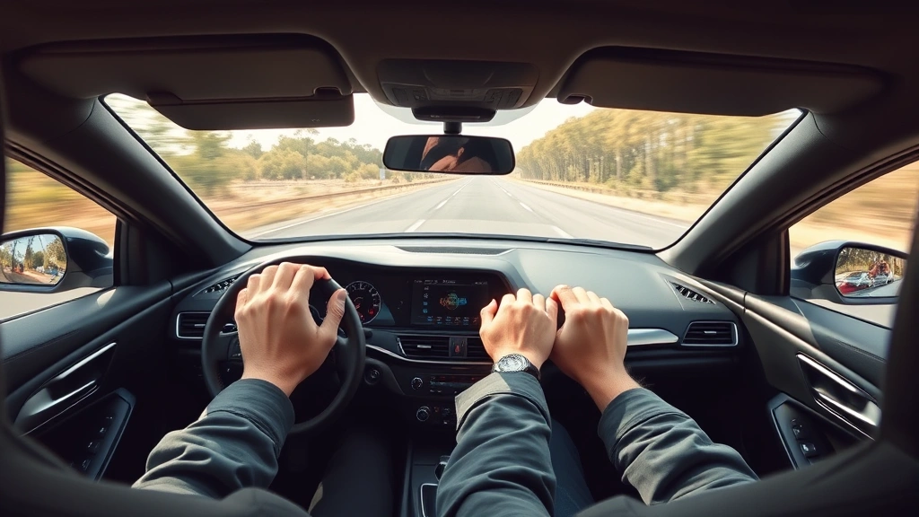 Wide-angle interior shot of a high-performance car dashboard during daytime driving, showing driver's hands and upper body in relaxed but attentive posture, blurred road ahead suggesting motion and presence