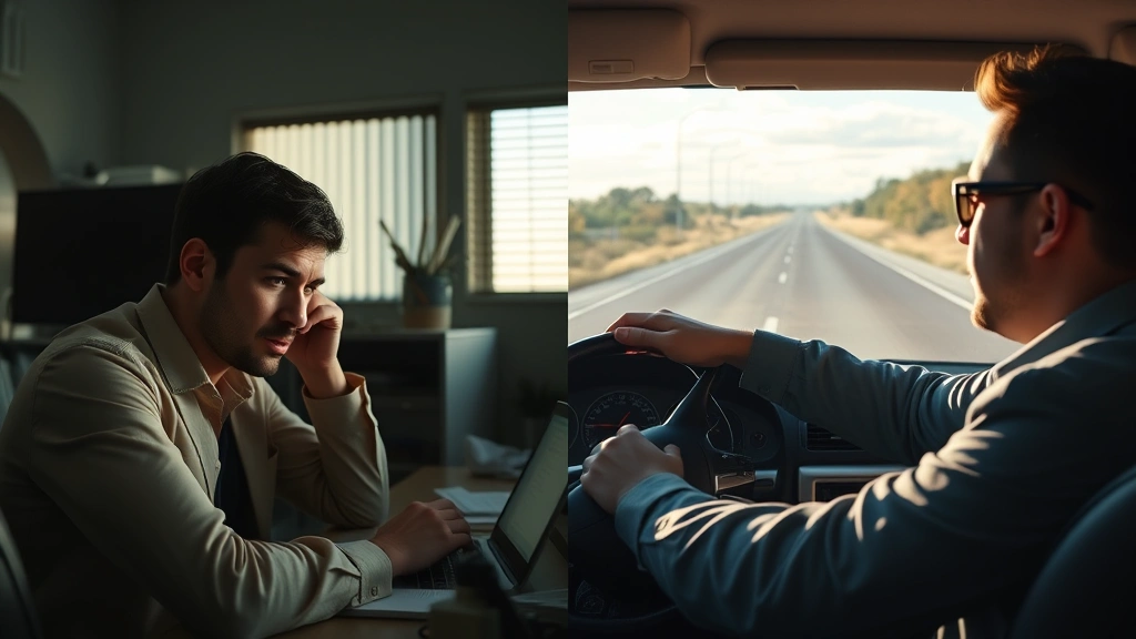 Split-screen comparison: left side shows person at desk looking distracted and unfocused, right side shows driver on open road looking engaged and present, natural lighting, photorealistic