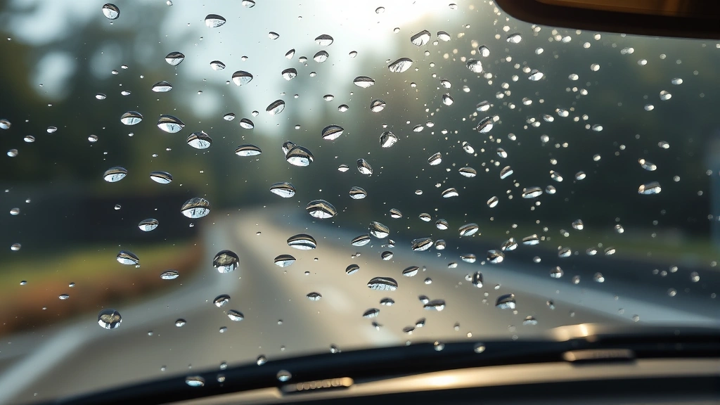 Close-up of crystal-clear windshield with water droplets beading perfectly after wiper blade pass, professional driver perspective, morning sunlight reflecting off glass, photorealistic detail