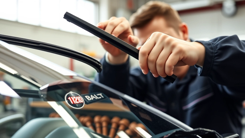 Professional mechanic hands installing premium wiper blade onto vehicle windshield arm, focused concentration, natural workshop lighting, clean modern automotive setting
