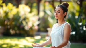 Person sitting in meditation posture in natural light, peaceful expression, blurred garden background, embodying calm focus and mental clarity