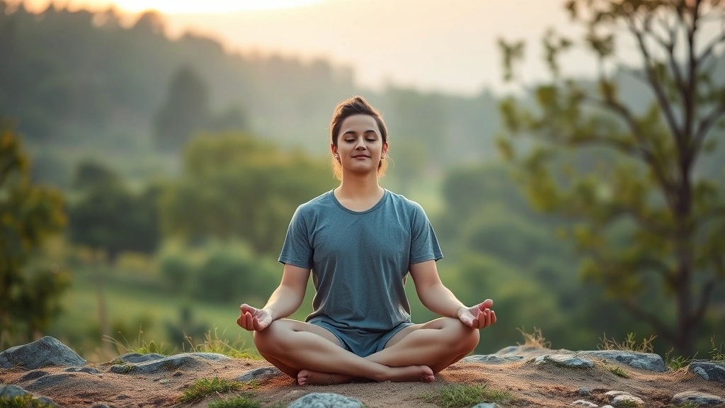 Individual meditating outdoors on peaceful natural setting, soft morning light, tranquil expression, representing integration of meditation into daily routine