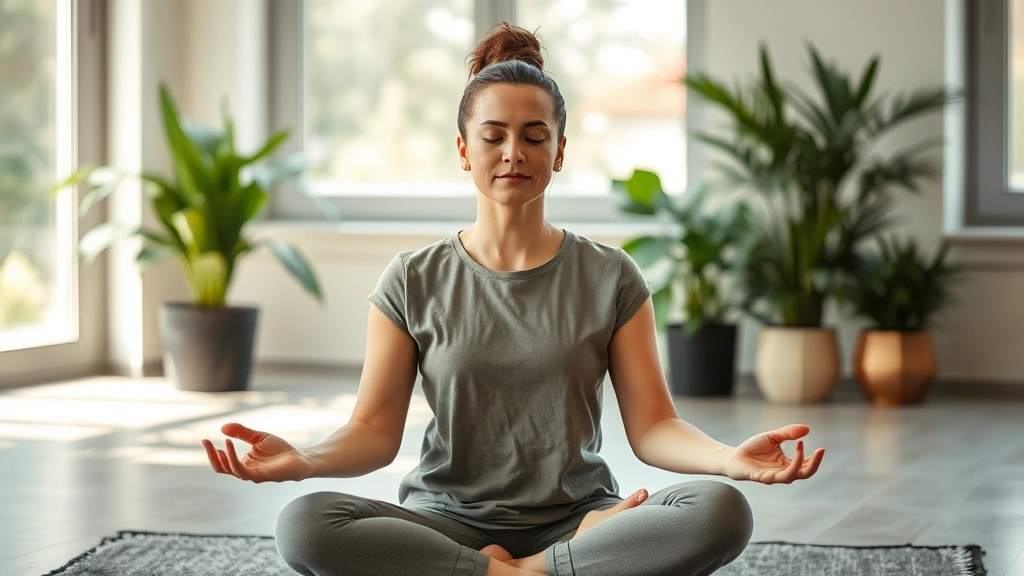 Person meditating in peaceful environment with soft natural light, seated comfortably, calm composed expression, showing stress management and mental resilience practice, serene professional space