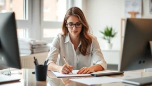 Focused professional at desk with clear workspace, peaceful concentrated expression, natural lighting, minimal distractions visible, hands typing or writing with clear intent