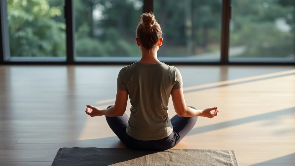 Person in meditation or contemplative posture in calm environment, representing sustainable focus through supportive practices rather than punishment, serene setting