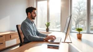 Professional sitting at clean wooden desk in bright office, focused expression, hands on keyboard, morning sunlight streaming through large windows, minimalist workspace with single plant, no visible screens or text